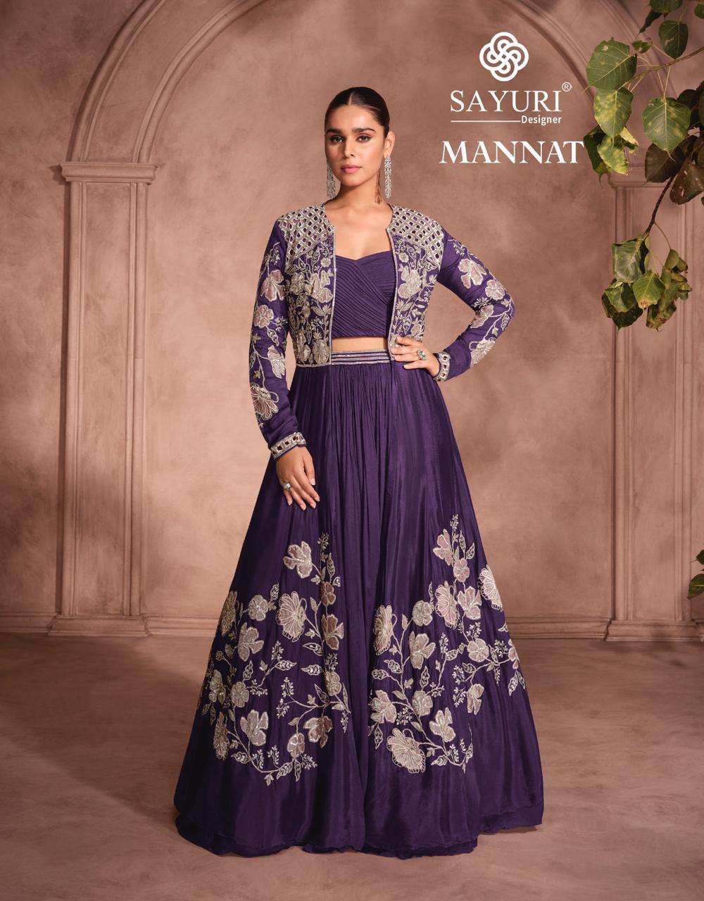 Sayuri Designer Mannat Catalog – Premium Chinon Silk Embroidered Shrug Set