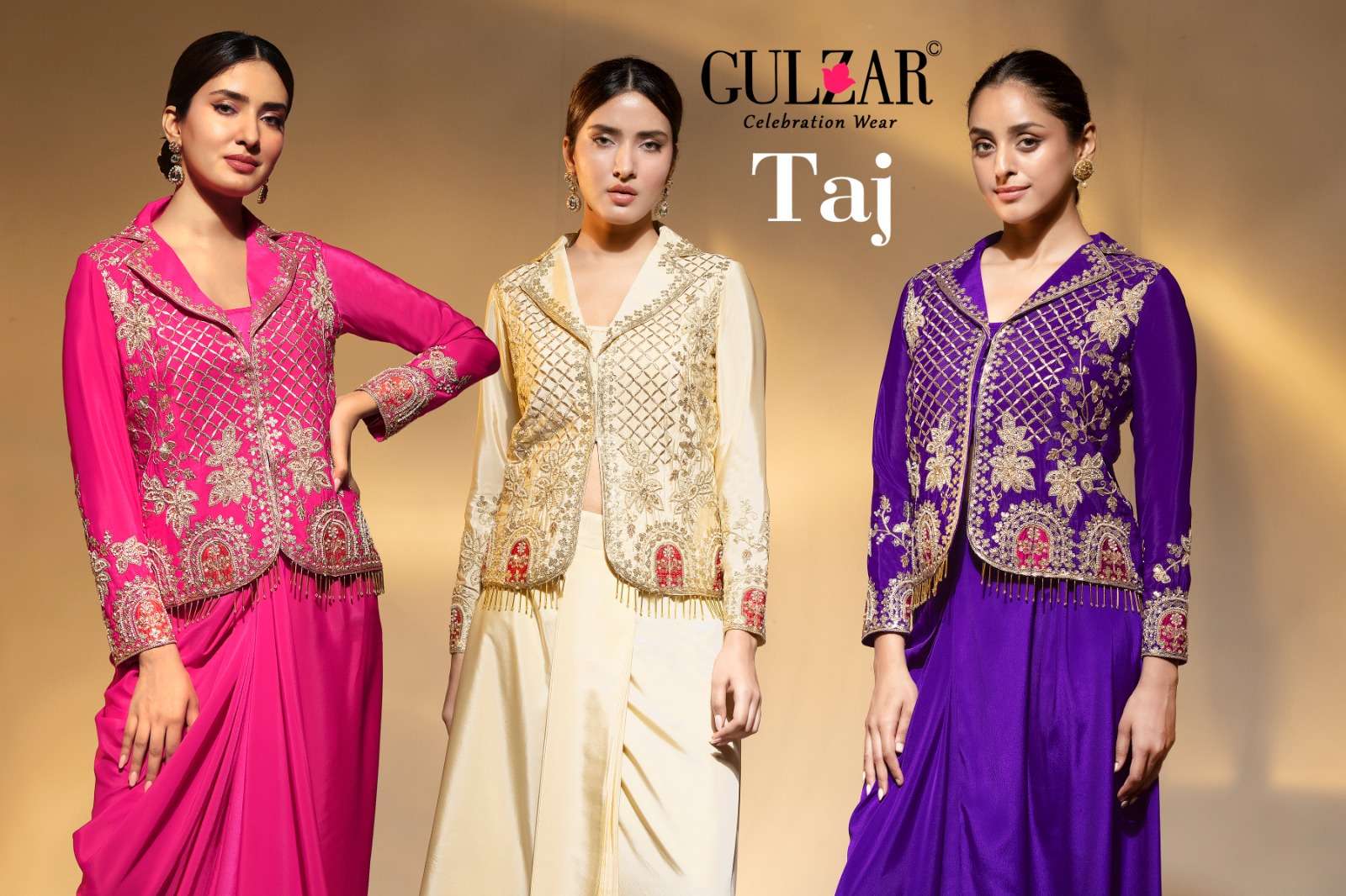Taj by Gulzar Designer Set – Premium Crape Bead Work Collar Top with Cowl Draped Skirt | D.No. 286...
