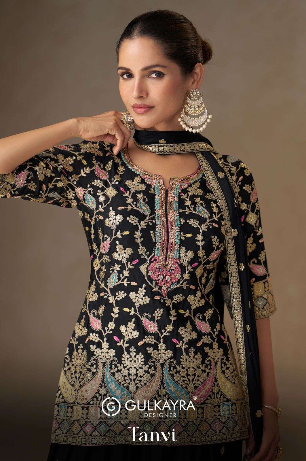 Gulkayra Designer – TANVI Real Chinon Collection | Embroidered Top, Dupatta & Plazoo