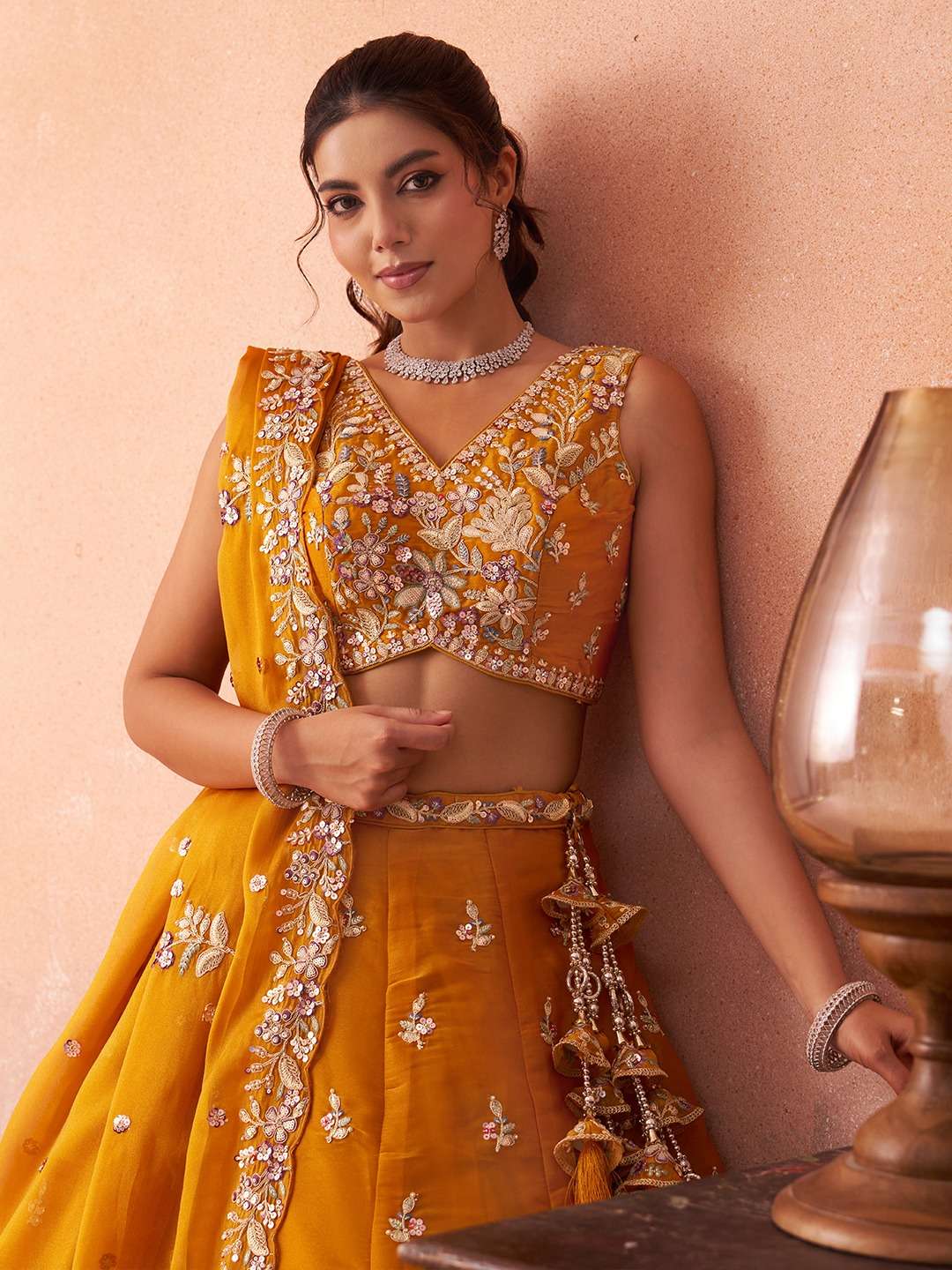 ADORN CRAFT 6300 Orange and Rama HD Mustard Tissue Sequinned Zari Embroidered Lehenga Set