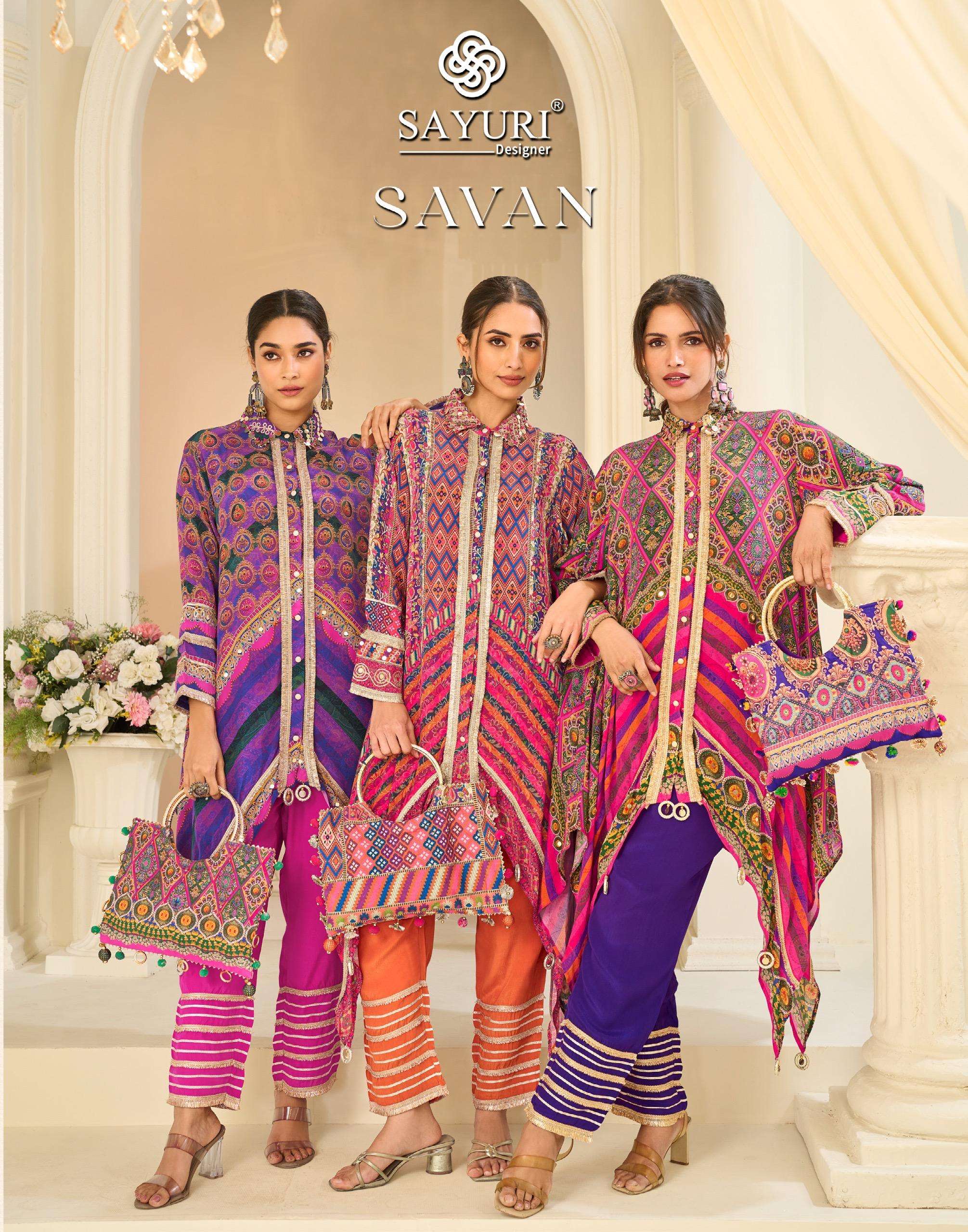 SAVAN 3 Pcs Premium Natural Crepe Silk Suit Set with Handbag | Hand Aari & Gota Patti Work