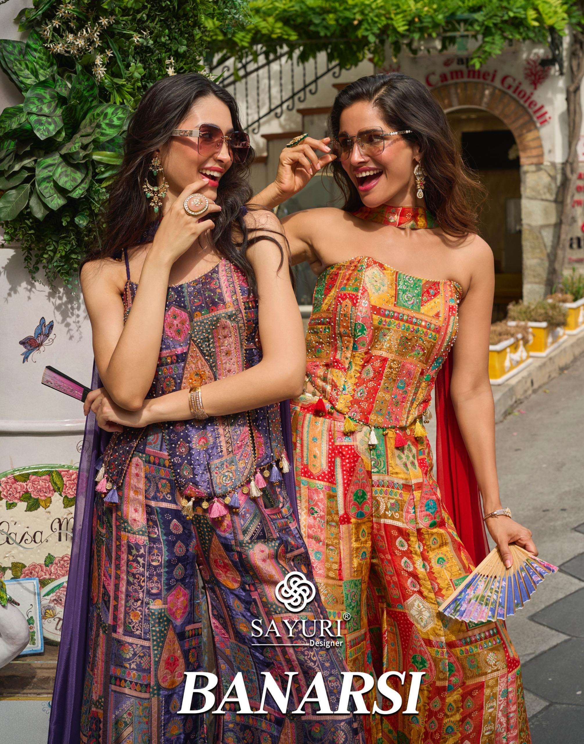 Sayuri Designer Banarsi 3 Piece Viscose Position Jacquard Silk Suit with Palazzo & Choker Dupatta fo...